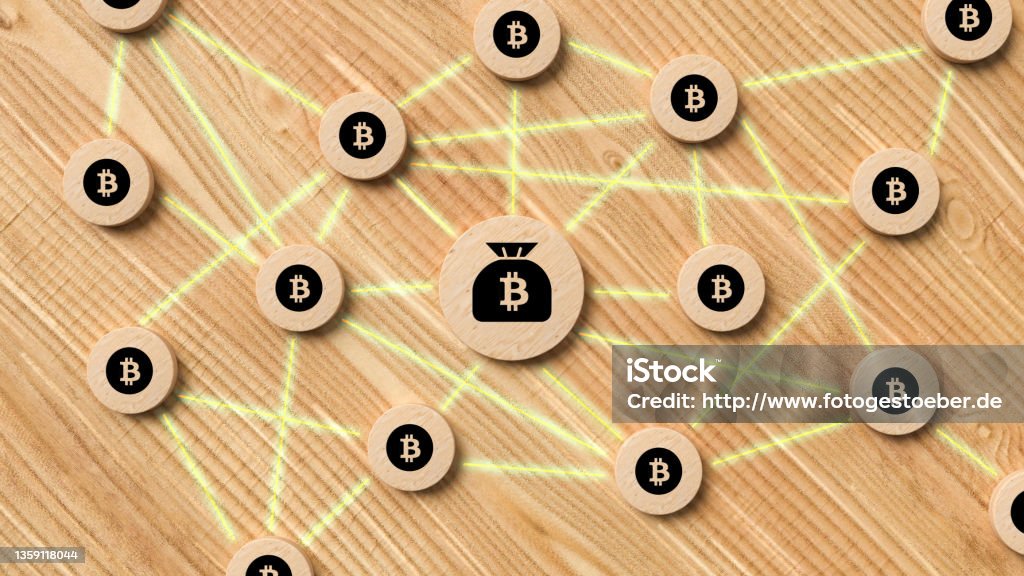 bitcoin network concept with interconnected wooden chips  with bitcoin logo - 3d illustration bitcoin network concept with interconnected wooden chips  with bitcoin logo on wooden background - 3d illustration Currency Stock Photo