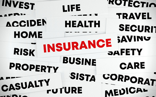 Words related to insurance form a word cloud on top of each other. Business concept.