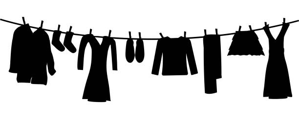 Silhouettes of laundry on rope isolated on white background. Various clothes hanging on clothesline. vector art illustration