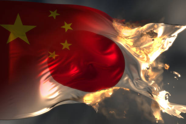 istock Trade war between China and Japanese flag burnning illustration 1359122215