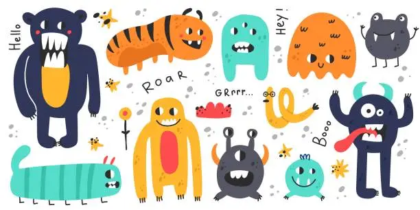 Vector illustration of Funny monsters. Colorful creatures, cute little mutants or aliens, spooky fantasy characters, childish collection, baby nursery and textile design elements, vector cartoon flat style isolated set