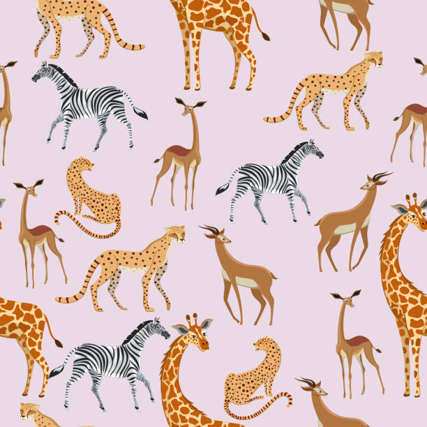 afrikanischer print mit afrikanischen tieren. geparden, giraffen, zebras, impalas, gerenuk. huftiere - impala stock-grafiken, -clipart, -cartoons und -symbole