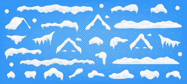wektorowy śnieg, płatki śniegu, sople, czapy śnieżne, spadające płatki śniegu, śnieżki, zaspy, duży zestaw lodowy. - snow icicle ice winter stock illustrations
