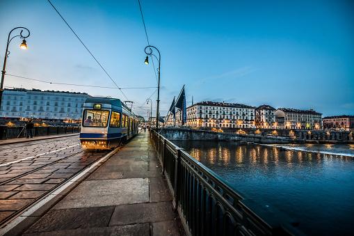 Ponte Vittorio And Tram Line Over Po River In Turin, Italy