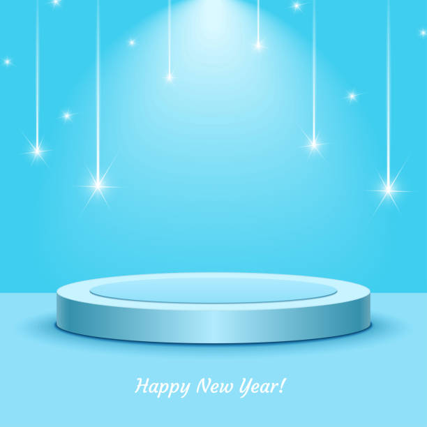 Happy New Year 3d vector banner with display podium and falling stars on blue background. Sale poster, flyer with text Happy New Year! vector art illustration