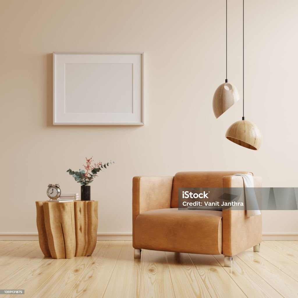 Mockup frame in interior background on empty white wall in living room interior. Mockup frame in interior background on empty white wall in living room interior,3d rendering Living Room Stock Photo