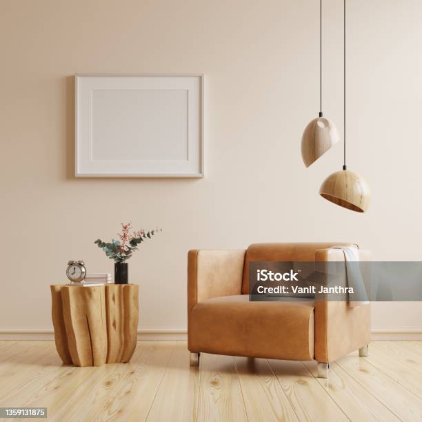 Mockup Frame In Interior Background On Empty White Wall In Living Room Interior Stock Photo - Download Image Now