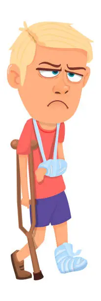 Vector illustration of Boy with broken hand and leg. Injured kid. Bone fractures