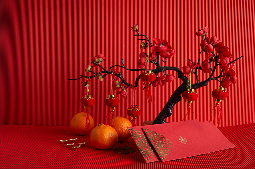 Chinese new year festival decorations. Orange, leaf, red packet, plum blossom on red background
