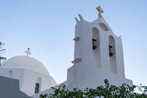 Old church whitewashed dome and bell tower , Ios, Nios island Chora. Greece, Cyclades. .