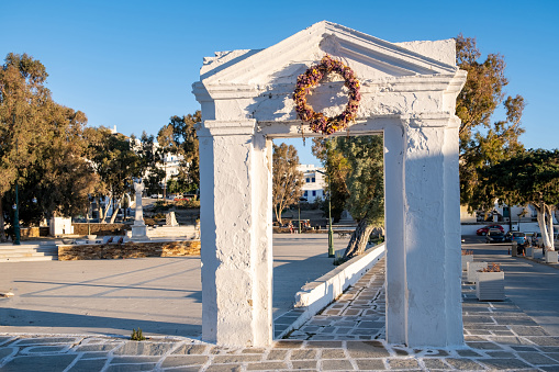 Ios, Nios island, Cyclades, Greece.  Entrance gate to Evangelismos Cathedral church, Chora.