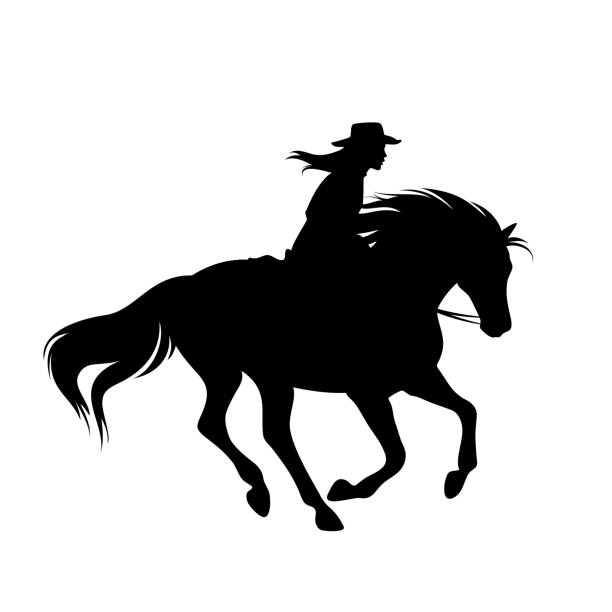 cowgirl reiten running horse black vector silhouette - cowboy hat wild west single object white background stock-grafiken, -clipart, -cartoons und -symbole