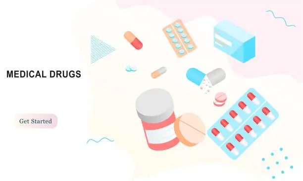 Vector illustration of Medical drugs landing page. Medical support and drugs addiction concept, medicine pills and capsules. Vector illustration pharmacy store web page app for patient support and online sale products.