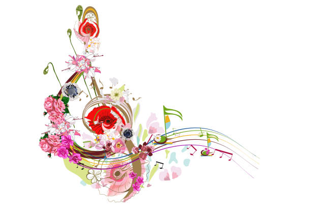 abstrakter violinschlüssel verziert mit sommer- und frühlingsblumen, palmblättern, noten, vögeln. - lavender coloured lavender flower frame stock-grafiken, -clipart, -cartoons und -symbole