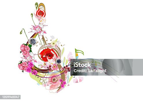 istock Abstract treble clef decorated with summer and spring flowers, palm leaves, notes, birds. 1359140047