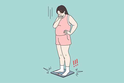 Unhappy obese woman stand on scales shocked by weight gain. Upset stressed fat girl frustrated by number on weigh. Overweight, obesity concept. Diet and healthy lifestyle. Vector illustration.