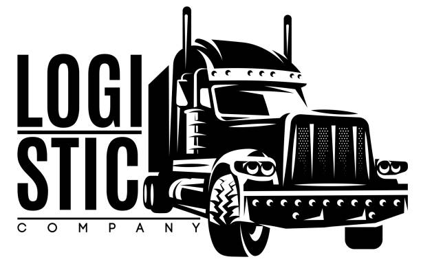 ilustrações de stock, clip art, desenhos animados e ícones de monochrome illustration with truck for long-distance transportation of goods. the topic of large-scale delivery and logistics. design element for business cards, flyers, advertisements, webdesign - trucking