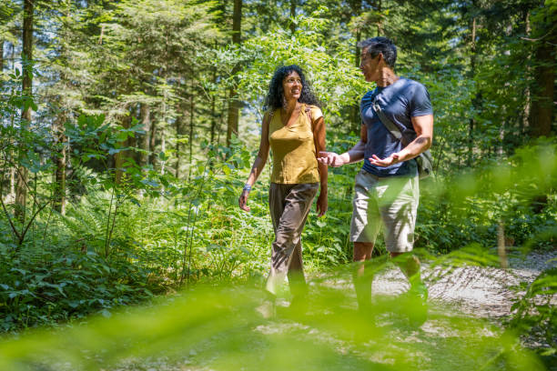 istock Hiking on pathway in forest on sunny summer day 1359145404