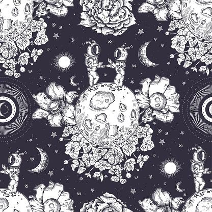 Two astronauts, planets and flowers. Seamless pattern. Space illustration. Surrealism.