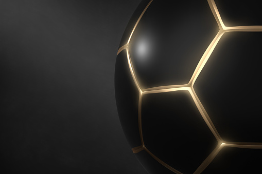 A dark banner with a black soccer ball with glowing gold seams. The concept of the Olympic sport is football. 3D Render.