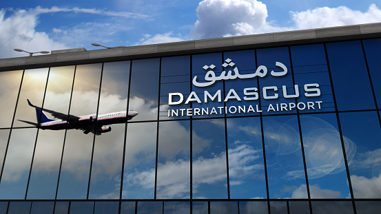 Aircraft landing at Damascus, Syria 3D rendering illustration. Arrival in the city with the glass airport terminal and reflection of jet plane. Travel, business, tourism and transport.