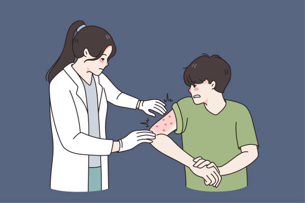 Doctor check guy with psoriasis on arm Doctor examine unhealthy boy with red spots or inflammation on arm. Nurse checkup guy with psoriasis or eczema on hand. Hospital seasonal allergy treatment. Healthcare. Flat vector illustration. dermatologist stock illustrations