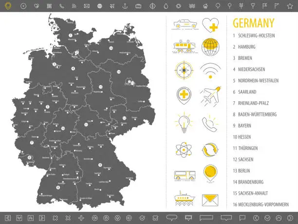 Vector illustration of Detailed monochrome map of Germany, gray territory of the country with geographical borders and administrative divisions on white background, set of travel icons, vector illustration