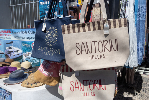 Fashion Accessories in Firá on Santorini in South Aegean Islands, Greece, with various retail items visible