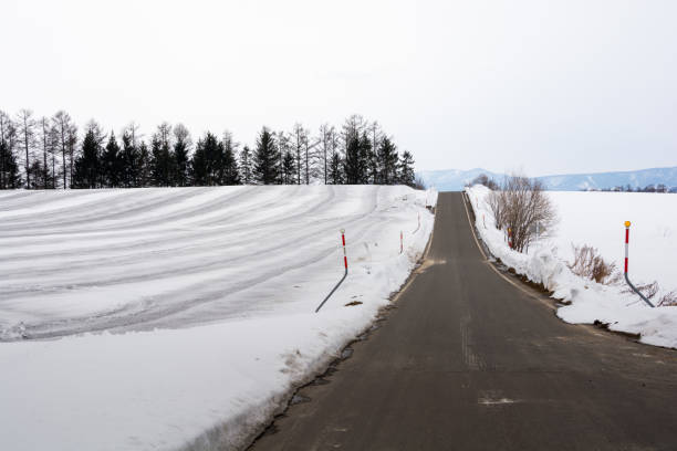 istock Snow field sprinkled with snow melting agent and road 1359149339