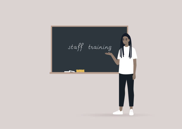 ilustrações, clipart, desenhos animados e ícones de seminário de treinamento de funcionários, uma jovem personagem africana apontando para o quadro negro, conceito de aprendizagem ao longo da vida - lecture hall silhouette classroom professor