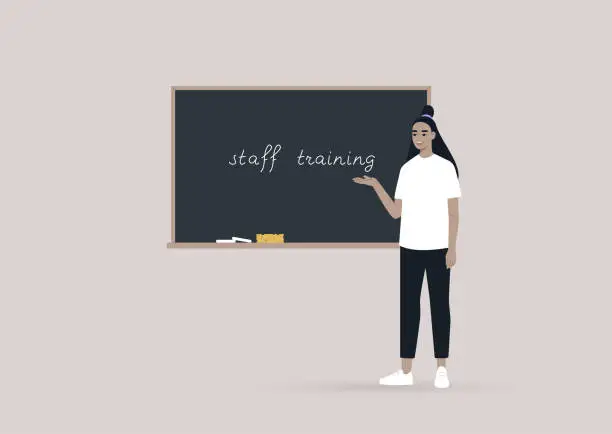 Vector illustration of Staff training seminar, a young female Asian character pointing at the blackboard, lifelong learning concept