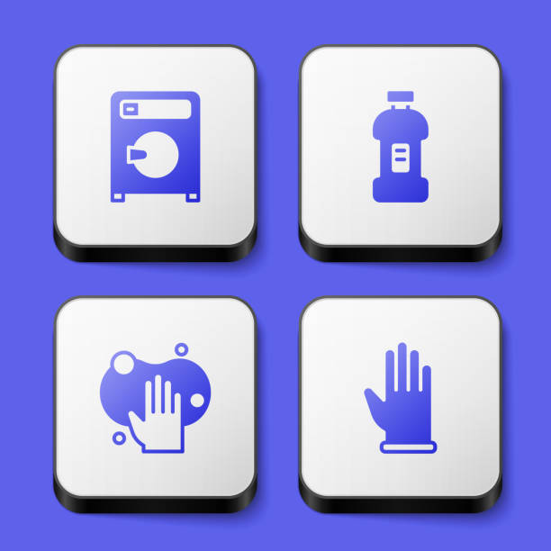 Set Washer, Bottle for detergent, Sponge and Rubber gloves icon. White square button. Vector Set Washer Bottle for detergent Sponge and Rubber gloves icon. White square button. Vector. washcloth stock illustrations