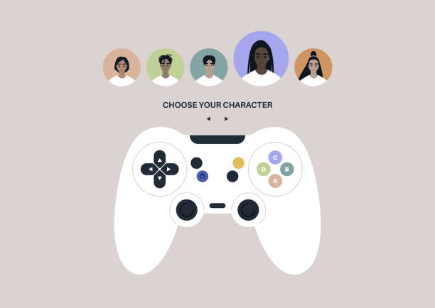 illustrations, cliparts, dessins animés et icônes de un joystick de jeu vidéo isolé avec des boutons colorés et des éléments de contrôle, choisissez l’écran de votre personnage - video game joystick leisure games control