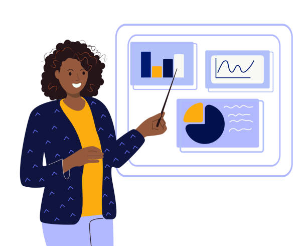 stockillustraties, clipart, cartoons en iconen met woman speaker pointing to presentation on white board during business seminar. office worker showing a report on a board with a pointer. - universitair docent