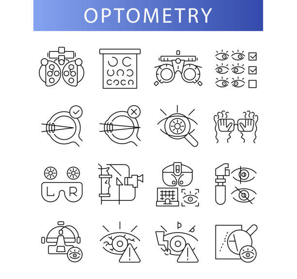 Optometry (visual acuity tables). Line icon concept Optometry (visual acuity tables). Line icon concept for web design, templates and more eye test equipment stock illustrations