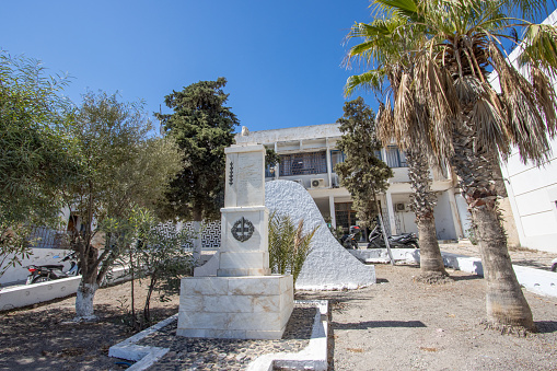 World War II Memorial (Raid on Santorini April 1944) in Firá on Santorini in South Aegean Islands, Greece