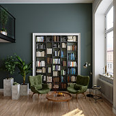 istock Reading Room Interior With Bookshelf, Green Armchairs, Coffee Table And Potted Plants 1359165261