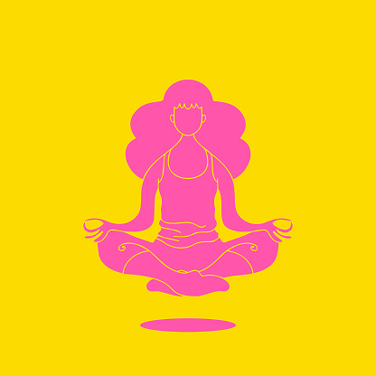 Vector illustration of the silhouette of a young adult woman practicing yoga to meditate, relax and improve wellbeing and mindfulness. Design element great for posters and greeting cards, social media platforms, online messaging, the media and news blogs, work from home, quarantine and coronavirus pandemic lockdown ideas and concepts, safety and protection, stay home concepts, and design projects in general.