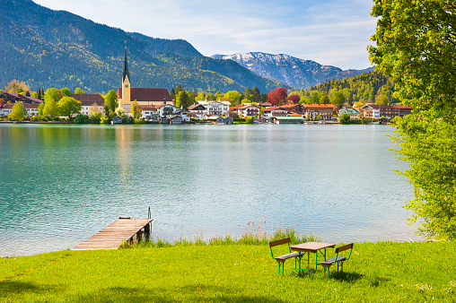 panoramic view to alps mountain range and lake Tegernsee in Bavaria