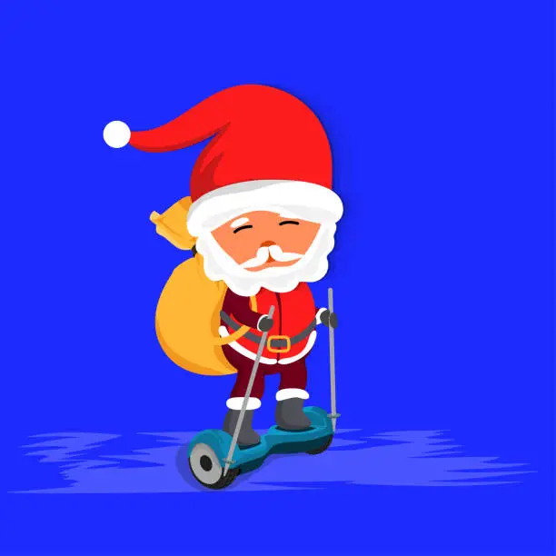 Vector illustration of Santa Claus Skiing.Santa Claus Skiing.Vector cartoon Santa Claus with sack full of gifts standing on the balance hoverboard.