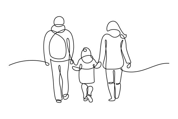 Family walking together Happy family in continuous line art drawing style. Back view of parents with one child holding hands and walking together black linear sketch isolated on white background. Vector illustration kid holding fathers hand stock illustrations
