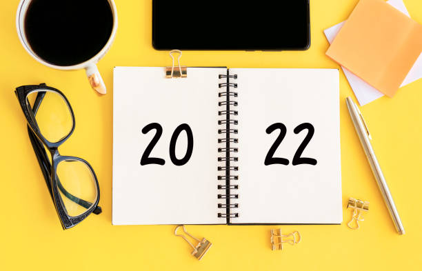 istock 2022 text on notepad with cup coffee, glasses and pencil on a yellow background. 1359169696