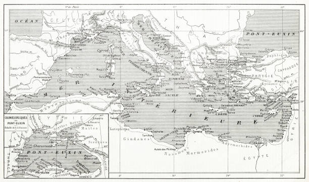 Antique French map of Phoenicia colonies Antique French map of Phoenicia colonies phoenicia stock illustrations