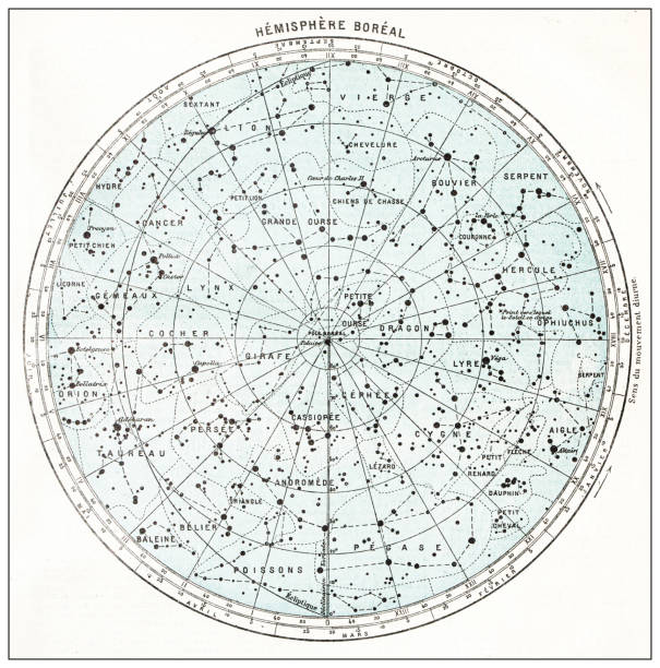 antike französische landkarte der nördlichen himmelshalbkugel sternkarte - map world map globe old stock-grafiken, -clipart, -cartoons und -symbole