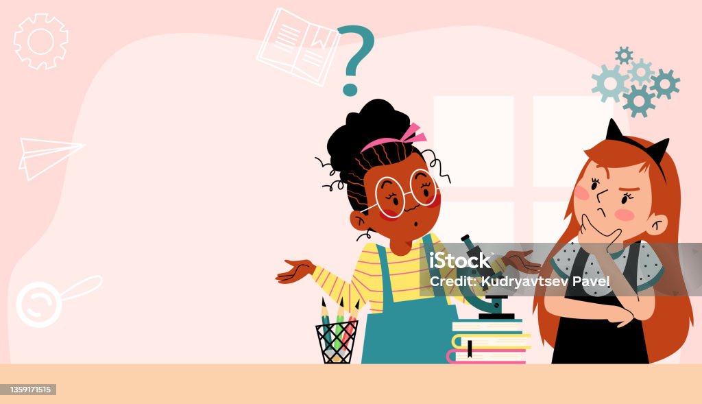 Increasingly Difficult Banner With Schoolgirls Have Difficulty Solving Problem Vector ...