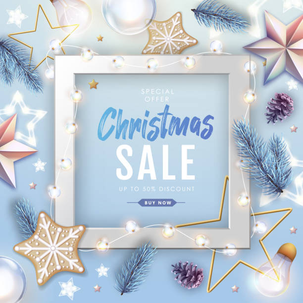 Winter sale poster with christmas holiday decorations. Christmas and New Year background. Vector illustration Winter sale poster with christmas holiday decorations. Christmas and New Year background. Vector illustration christmas star shape christmas lights blue stock illustrations