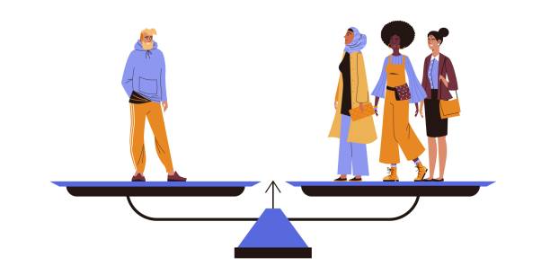 ilustrações, clipart, desenhos animados e ícones de peso masculino branco mais na escala em comparação com muçulmano no hijab, preto com cabelo afro e fêmeas brancas. - imbalance