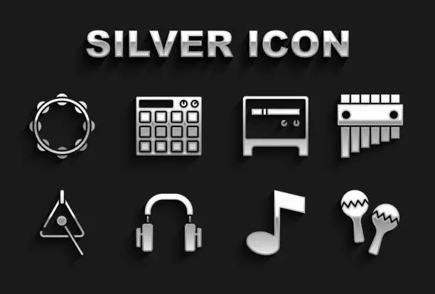Vector illustration of Set Headphones, Pan flute, Maracas, Music note, tone, Triangle, Guitar amplifier, Tambourine and Drum machine icon. Vector