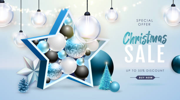 Winter sale poster with christmas holiday decorations. Christmas and New Year background. Vector illustration Winter sale poster with christmas holiday decorations. Christmas and New Year background. Vector illustration christmas star shape christmas lights blue stock illustrations