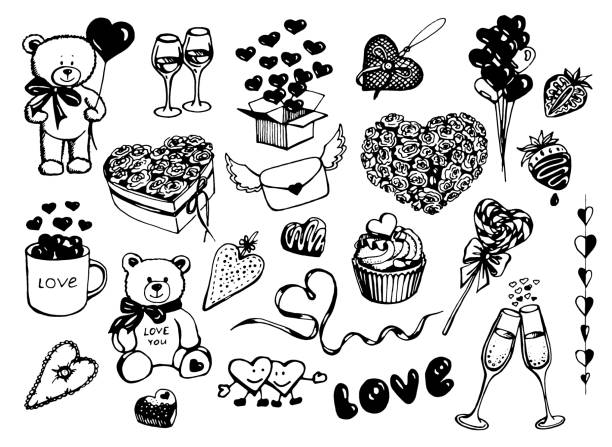 romantyczny zestaw. klipart wektorowy. rysowane ręcznie - valentines day candy chocolate candy heart shape stock illustrations